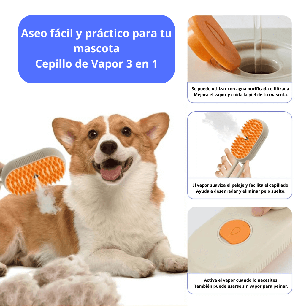Cepillo de Vapor 3 en 1 para Gatos y Perros